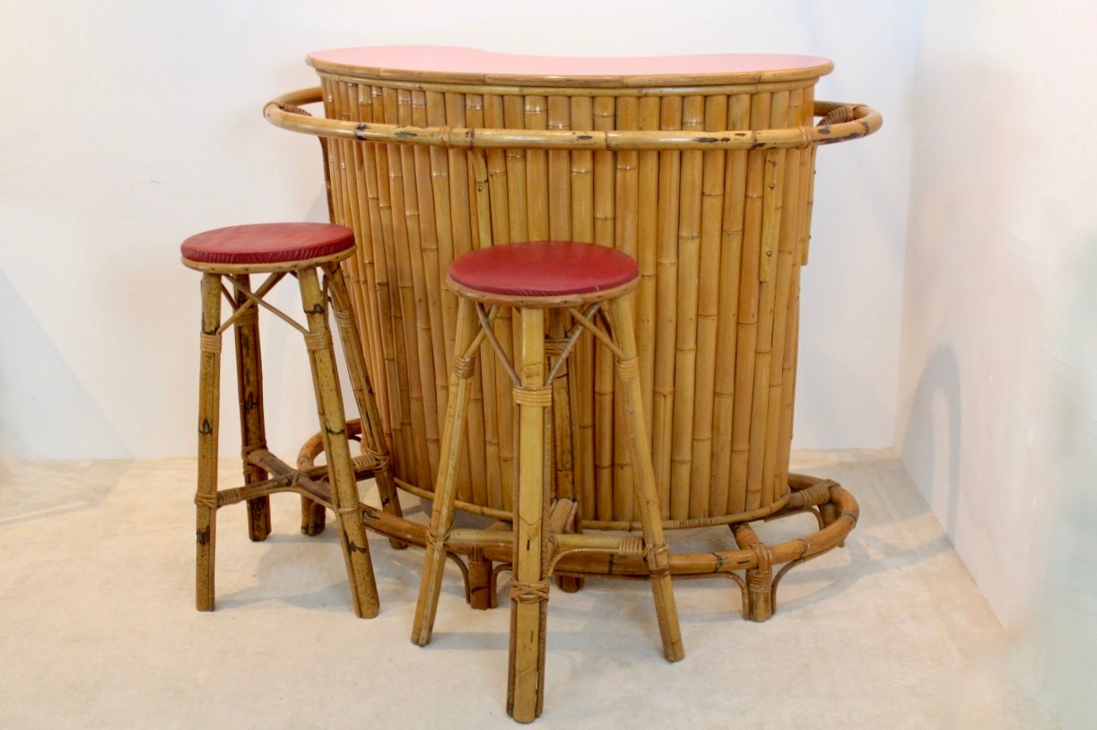 Mid-Century Tiki Bar mit Hockern aus Rattan & Bambus bei Pamono kaufen