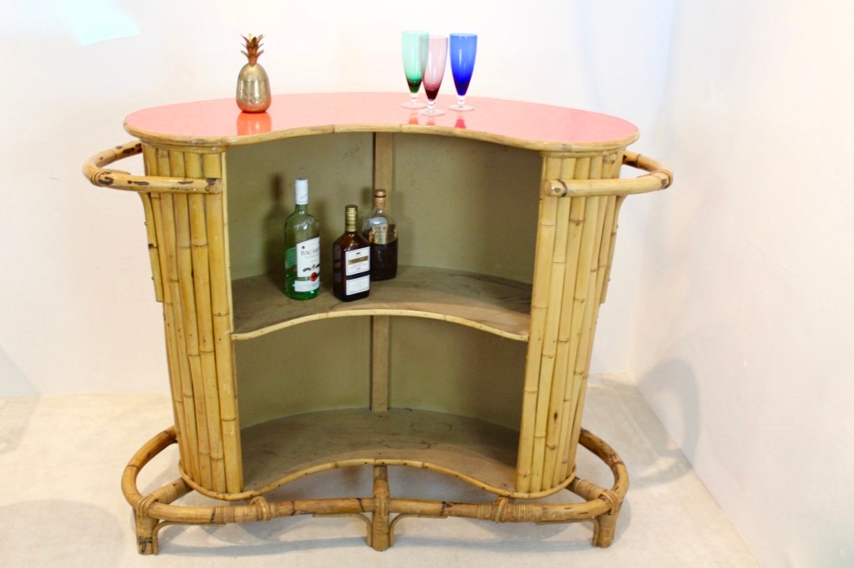 Mid-Century Tiki Bar mit Hockern aus Rattan & Bambus bei Pamono kaufen