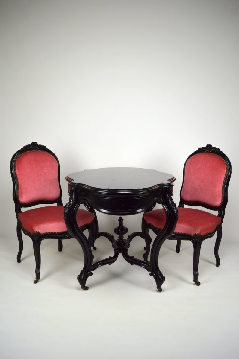 Antique Ebonised Wood Game Table and Chairs Set for sale at Pamono