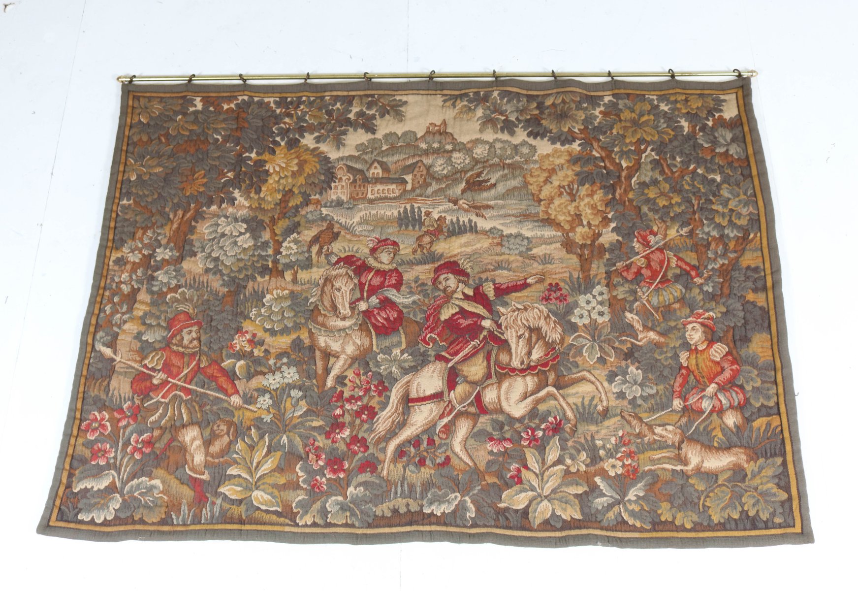 Tapisserie Mural Ancienne - Thème Chasse Et Chevaux - État D'usage