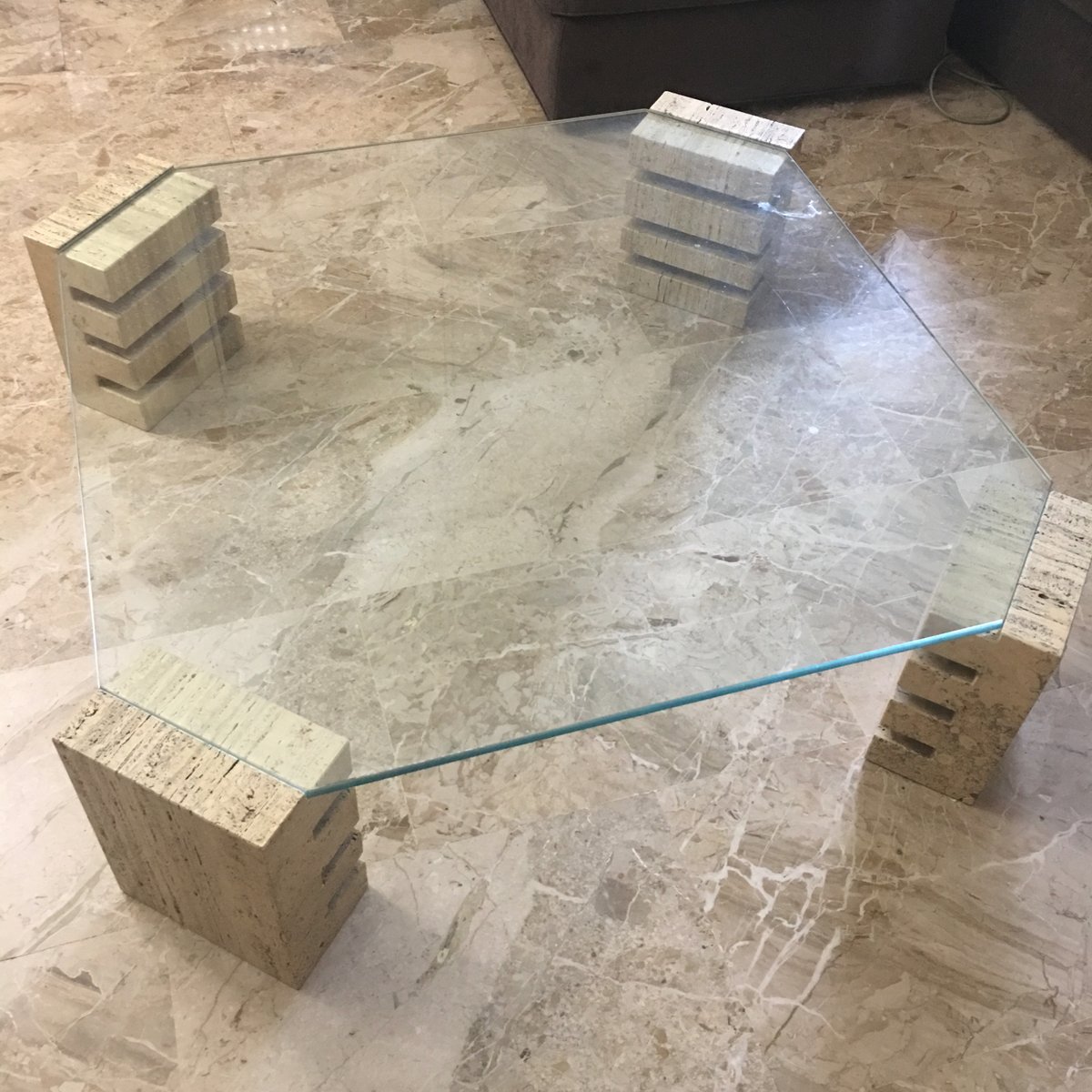 Italian Travertine & Glass Coffee Table, 1970s for sale at Pamono