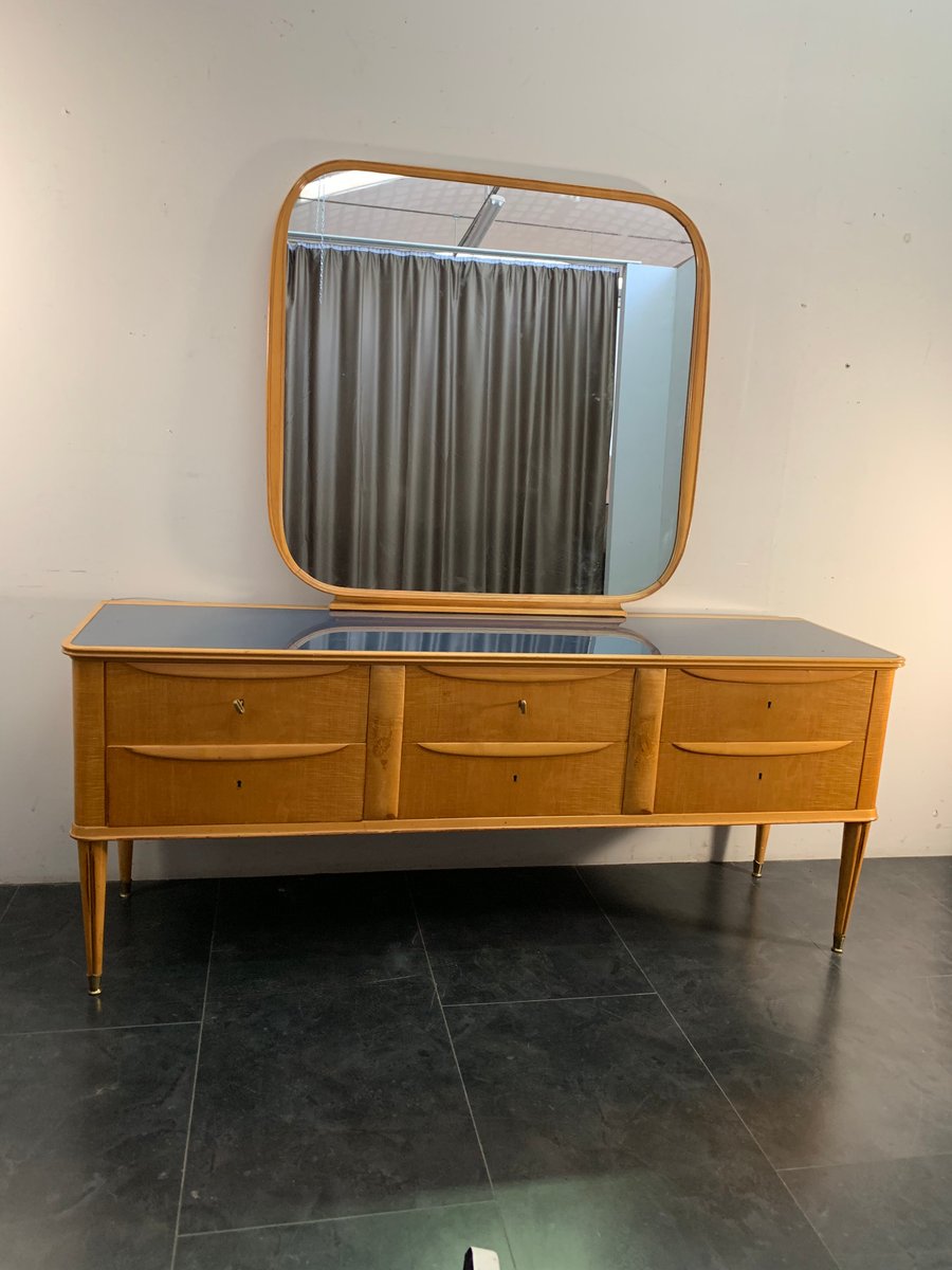 Credenza in acero con specchio, anni '50, set di 2 in vendita su Pamono