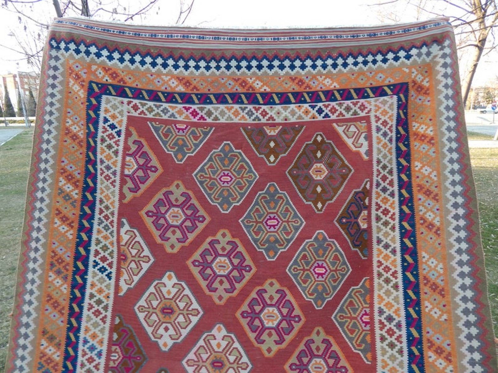 Tapis Kilim David Hicks – Années 70 – Bleu, Coton, 3,70x2,72m (occasion)