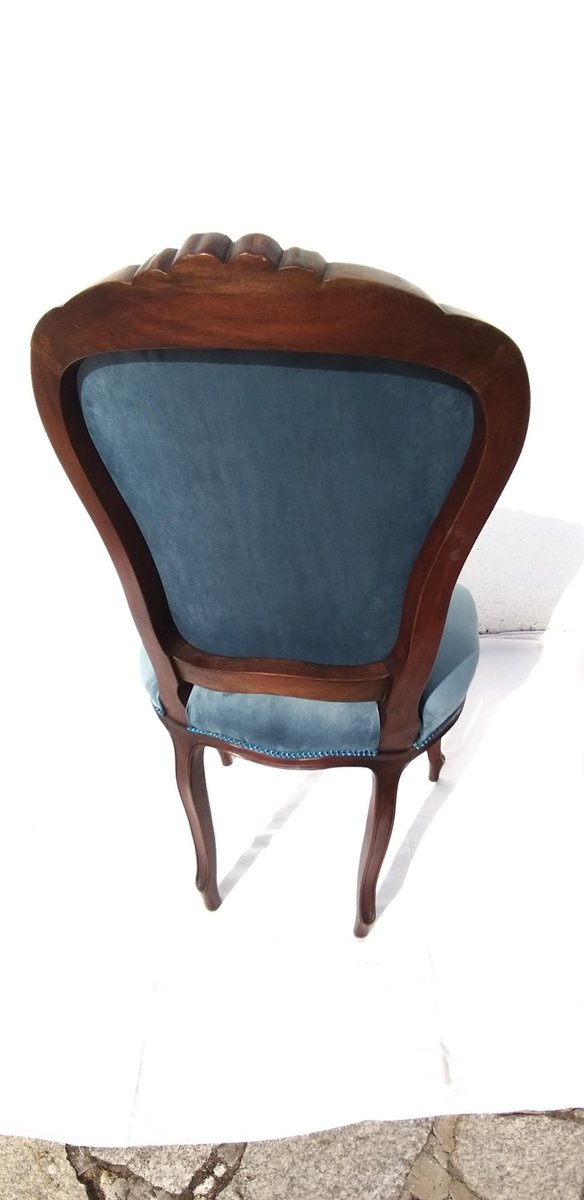Französische Esszimmerstühle aus Mahagoni & blauem Samt, 1930er, 5er