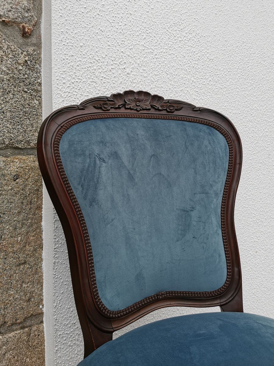 Französische Esszimmerstühle aus Mahagoni & blauem Samt, 1930er, 5er