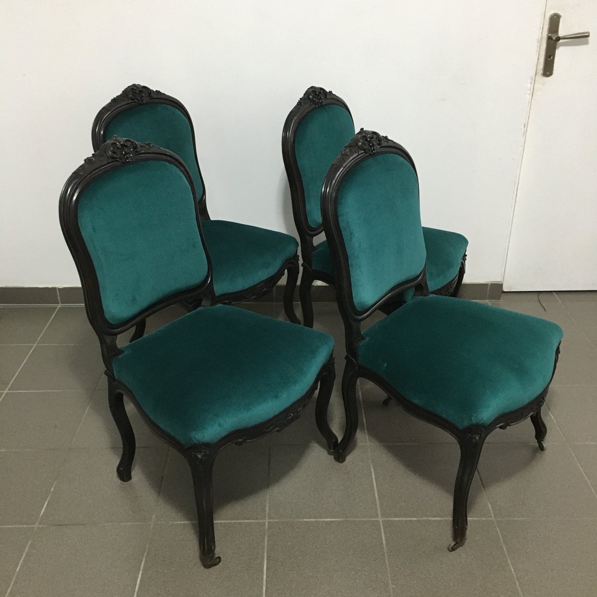 Chaises de Salle à Manger Napoléon III Anciennes en Velours, Set de 4