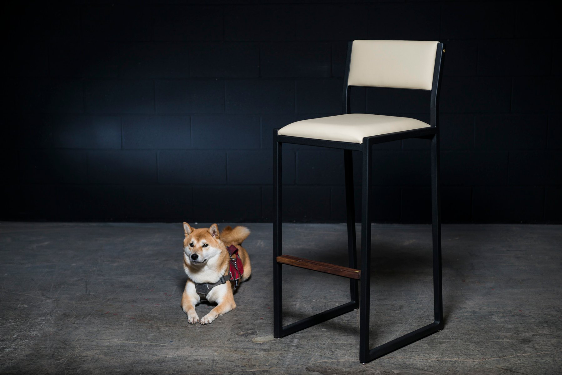 Solid Walnut, Black Steel & Cream Vinyl Shaker Modern Counter Stool by