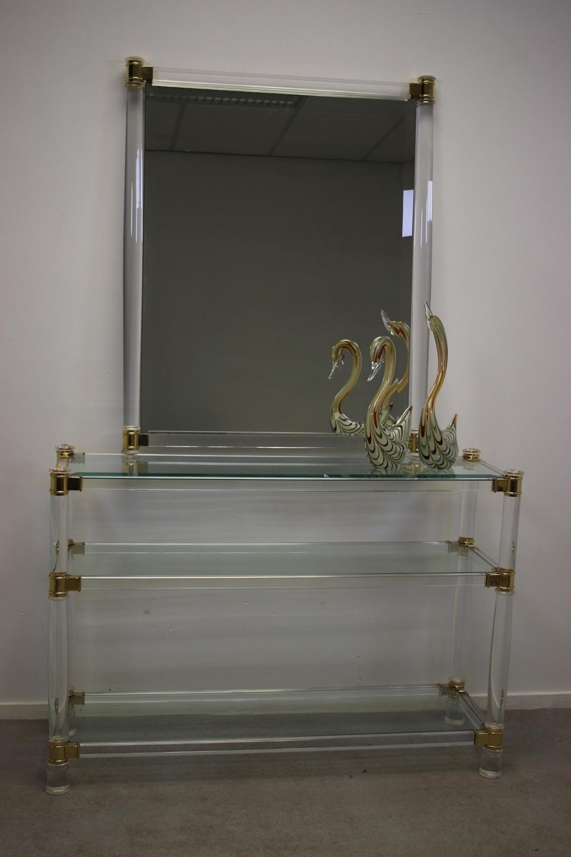MidCentury Gold Acrylic Glass Side Table with Mirror for sale at Pamono