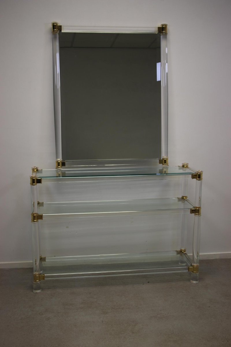 MidCentury Gold Acrylic Glass Side Table with Mirror for sale at Pamono