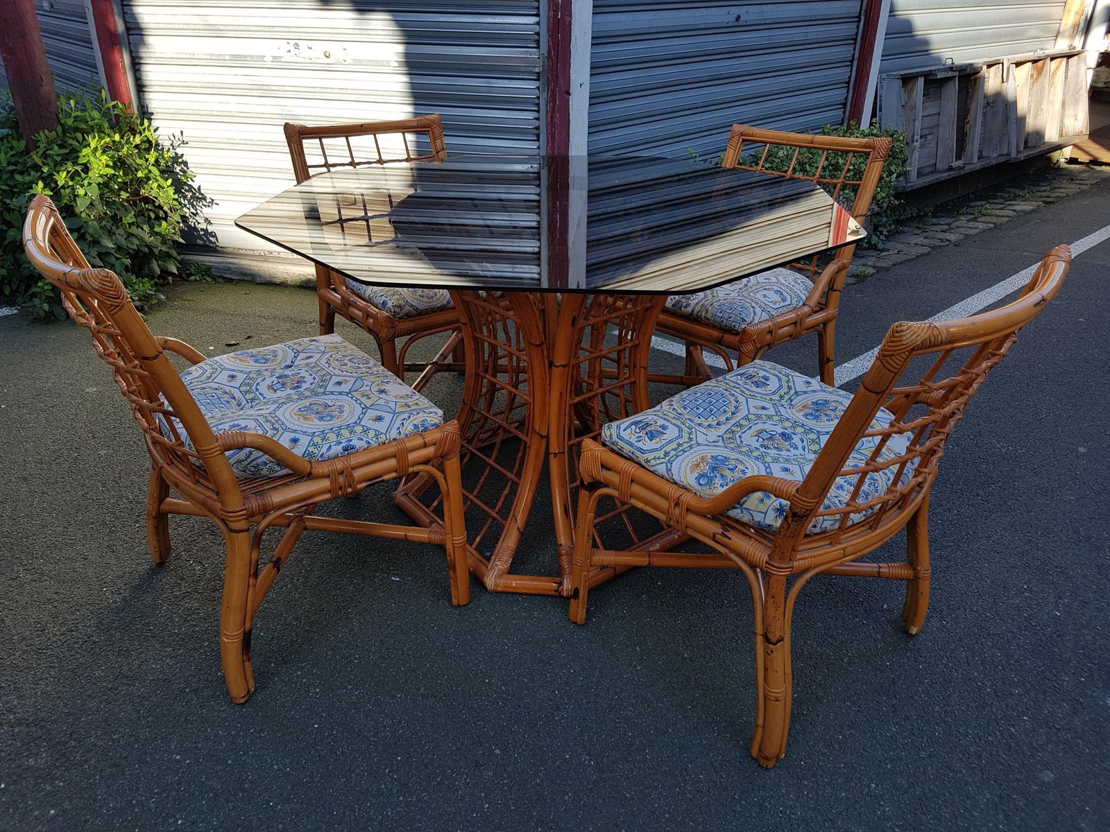 Table et Chaises de Salle à Manger en Rotin de Roche Bobois, 1980s en