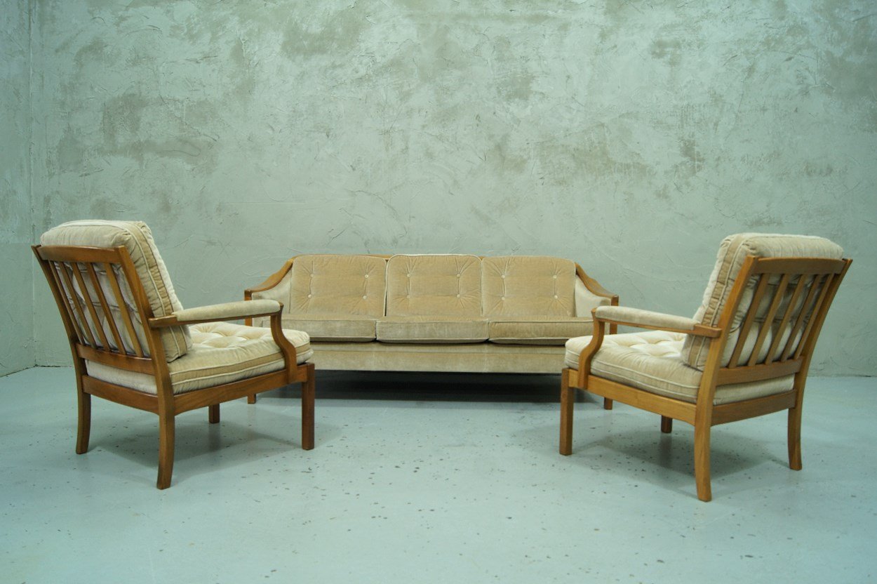 Wohnzimmergarnitur aus Teak & Samt im skandinavischen Stil, 1960er bei