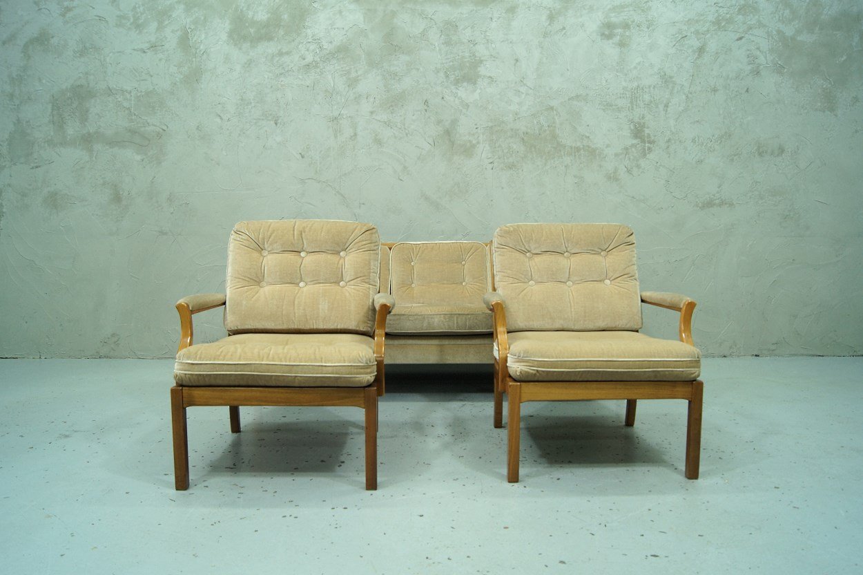 Wohnzimmergarnitur aus Teak & Samt im skandinavischen Stil, 1960er bei