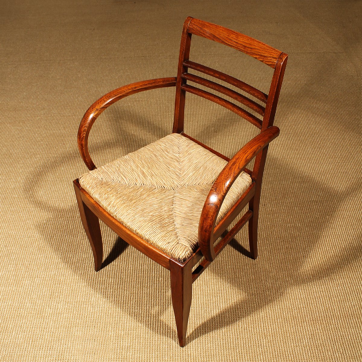 Chaises Bridge Art Déco en Chêne et en Paille, 1930s, Set de 6 en vente