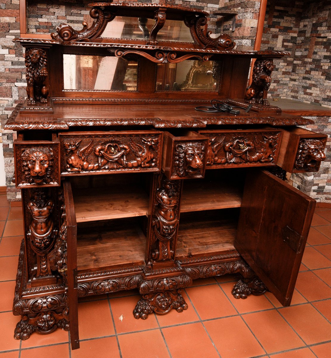 Antique Italian Carved Walnut Sideboard, 1800s for sale at Pamono