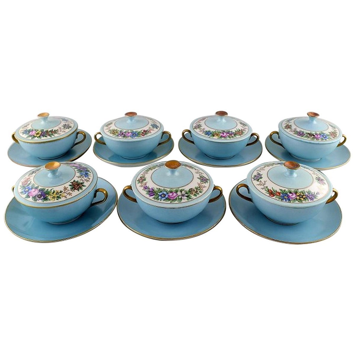 Antique Bouillon Cups with Lids and Saucers by Bing and Grondahl, Set