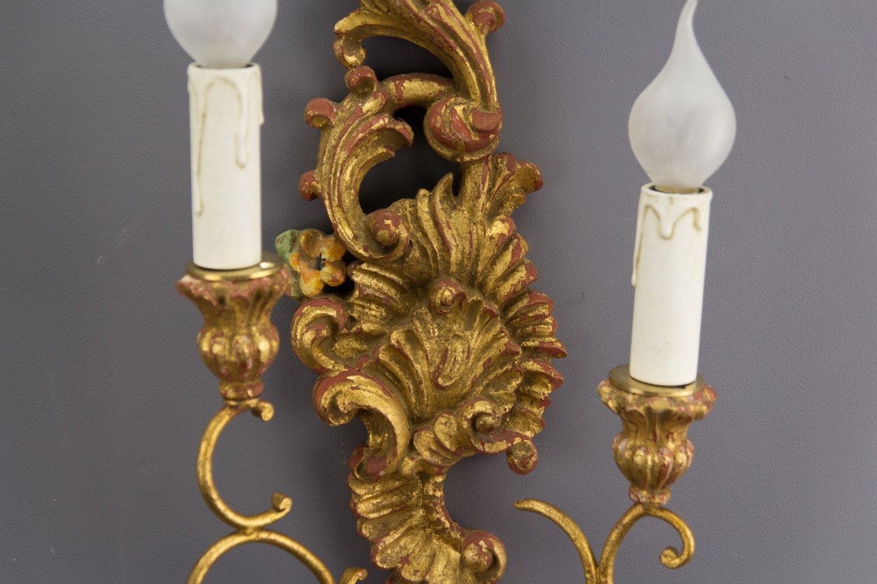Rococo Style Carved and Polychrome Painted Wooden Sconces, 1930s, Set ...