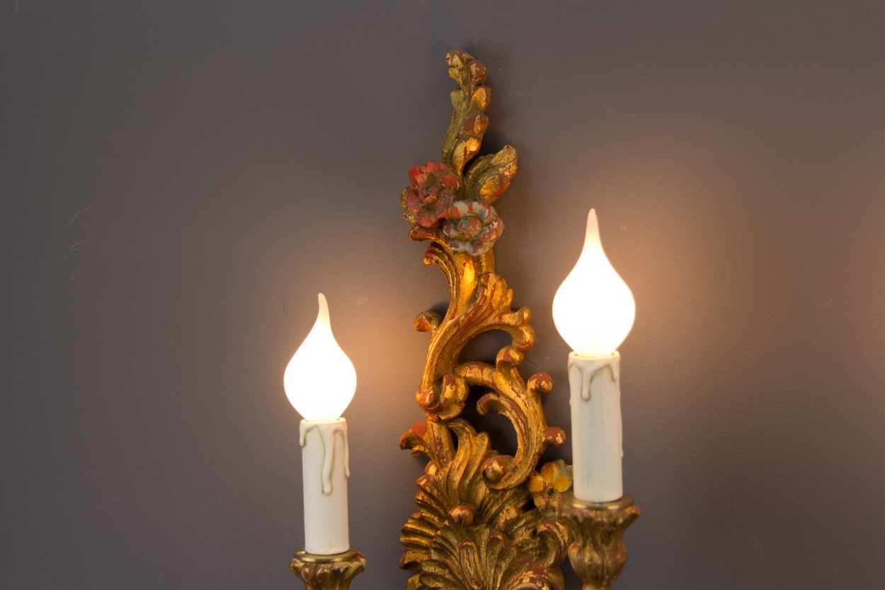Rococo Style Carved and Polychrome Painted Wooden Sconces, 1930s, Set ...