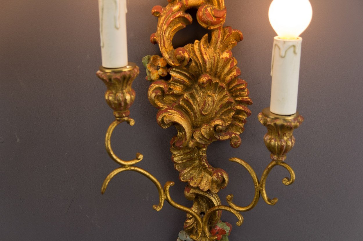Rococo Style Carved and Polychrome Painted Wooden Sconces, 1930s, Set ...