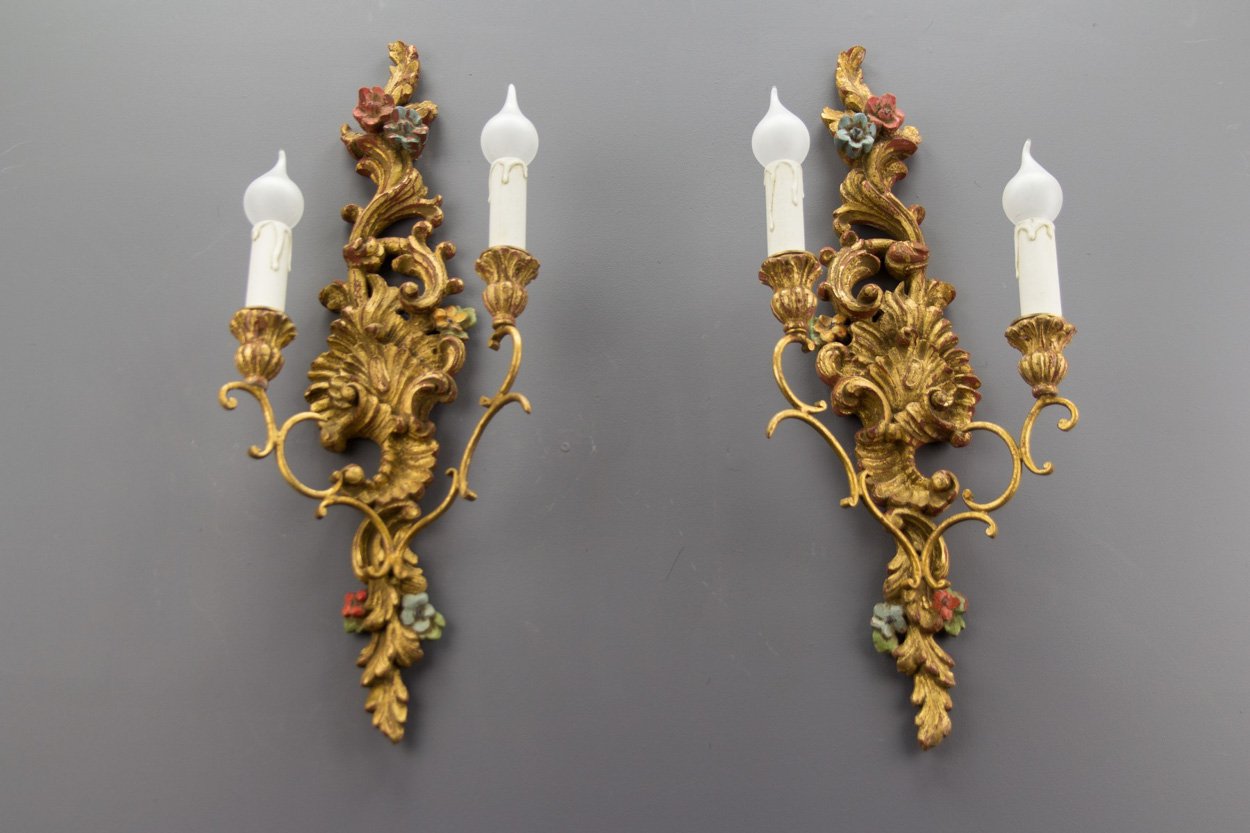 Rococo Style Carved and Polychrome Painted Wooden Sconces, 1930s, Set ...