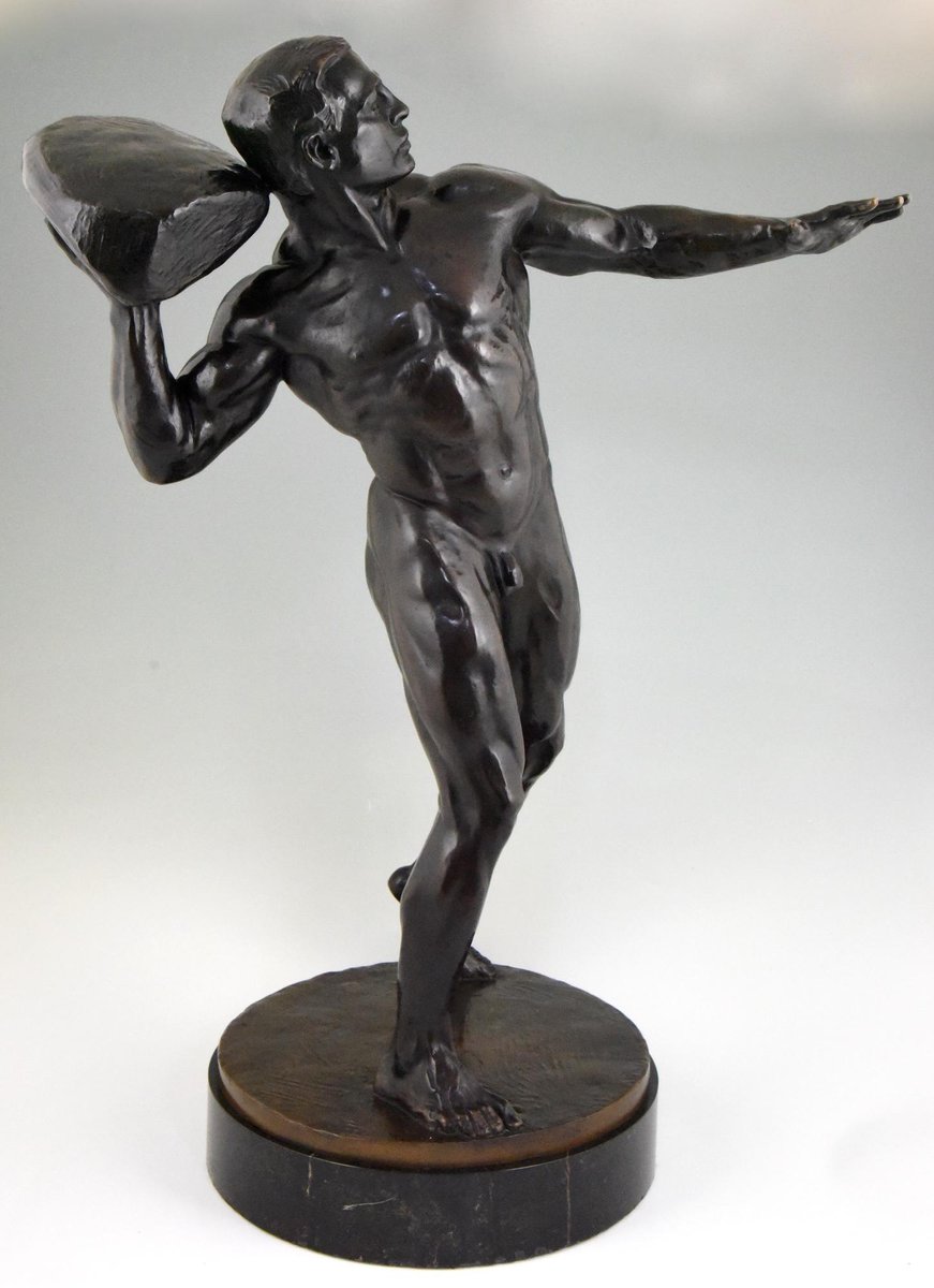 Antique Bronze Sculpture Of Male Nude With Stone By Hugo Siegwart For Sale At Pamono