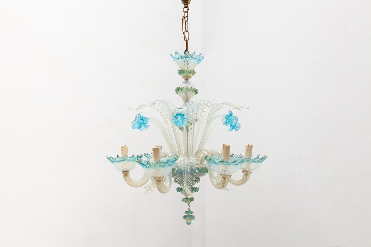 Italienischer Romantischer Murano Blue Opalglas Kronleuchter Von Compagnia Di Venezia E Murano Cvm 1950er Bei Pamono Kaufen