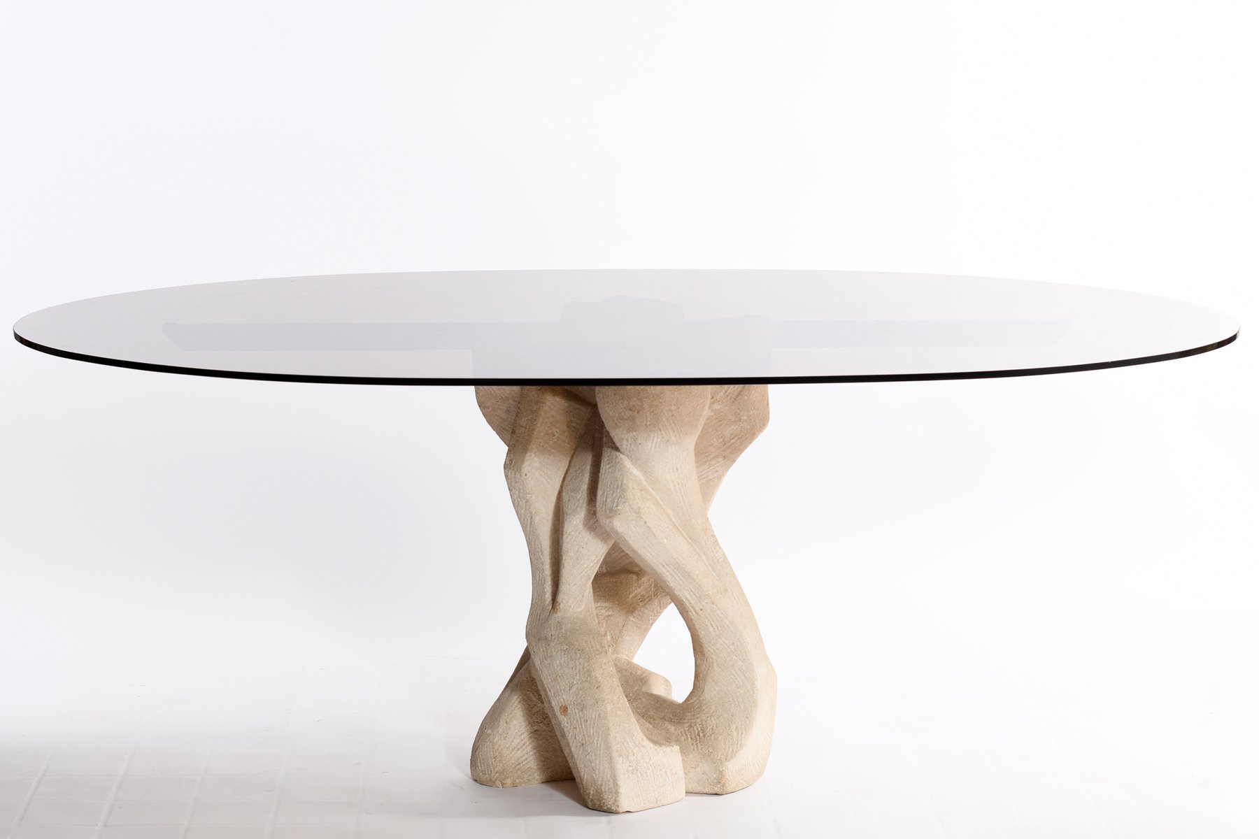 Mid Century Italian Oval Glass Top And Abstract Brutalist Sculptural Base Dining Table