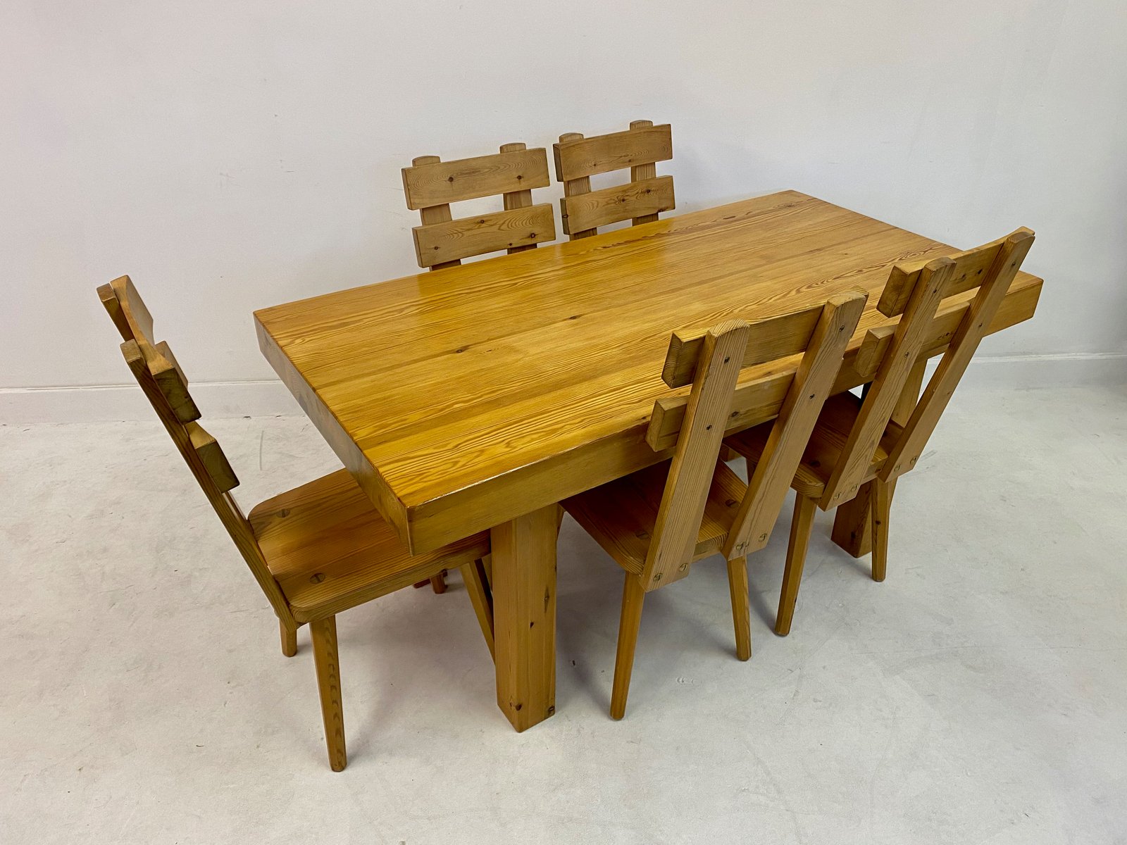 Vintage Pinewood Dining Table & Chairs Set, 1970s, Set of 6 for sale at
