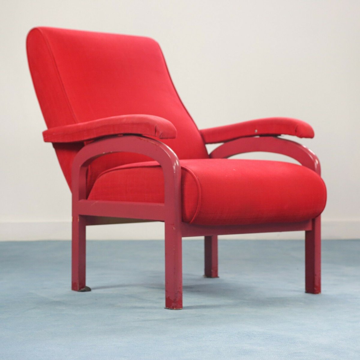 Red Fabric And Wood Reclining Lounge Chair Red Fabric And Wood Reclining Lounge Chair