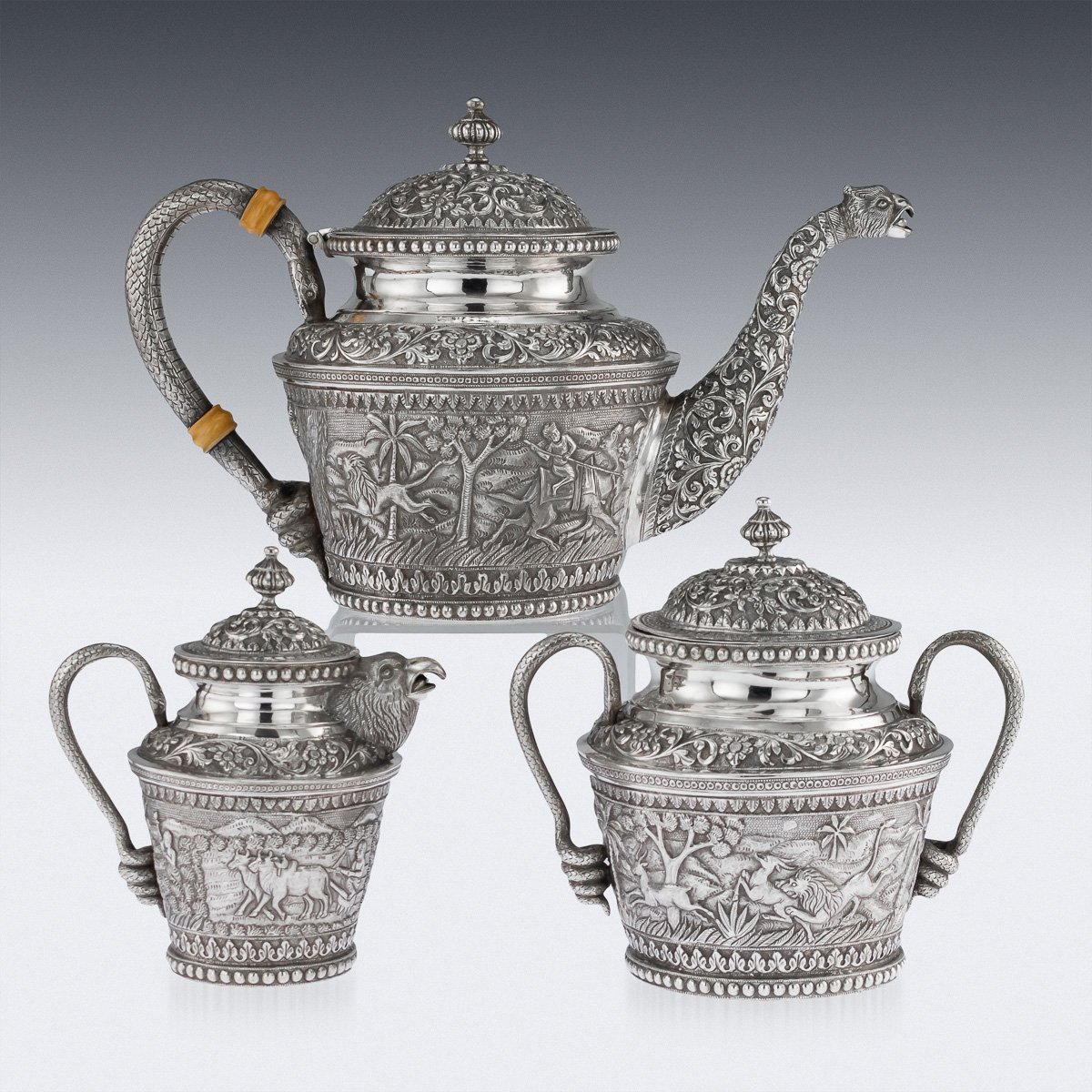 Antique Indian Karachicutch Solid Silver Tea Set from J. Manikrai