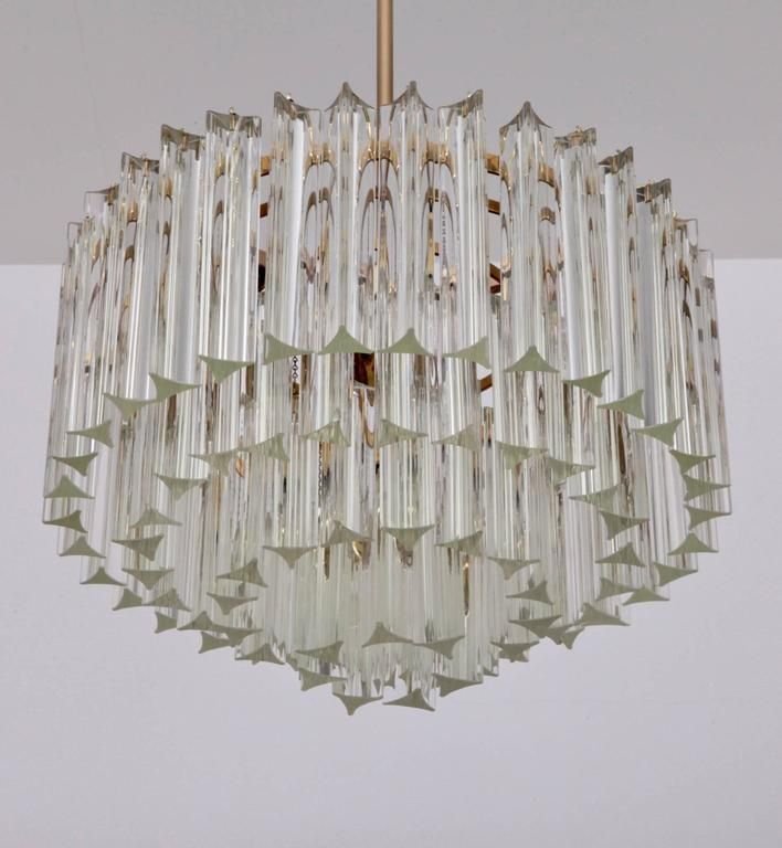 Lampadario grande in vetro di Murano Triedri e ottone di Venini, anni