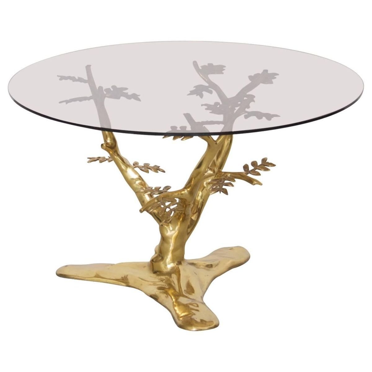 Brass Tree Sculpture Coffee Table with Round Glass Top, 1970s for sale