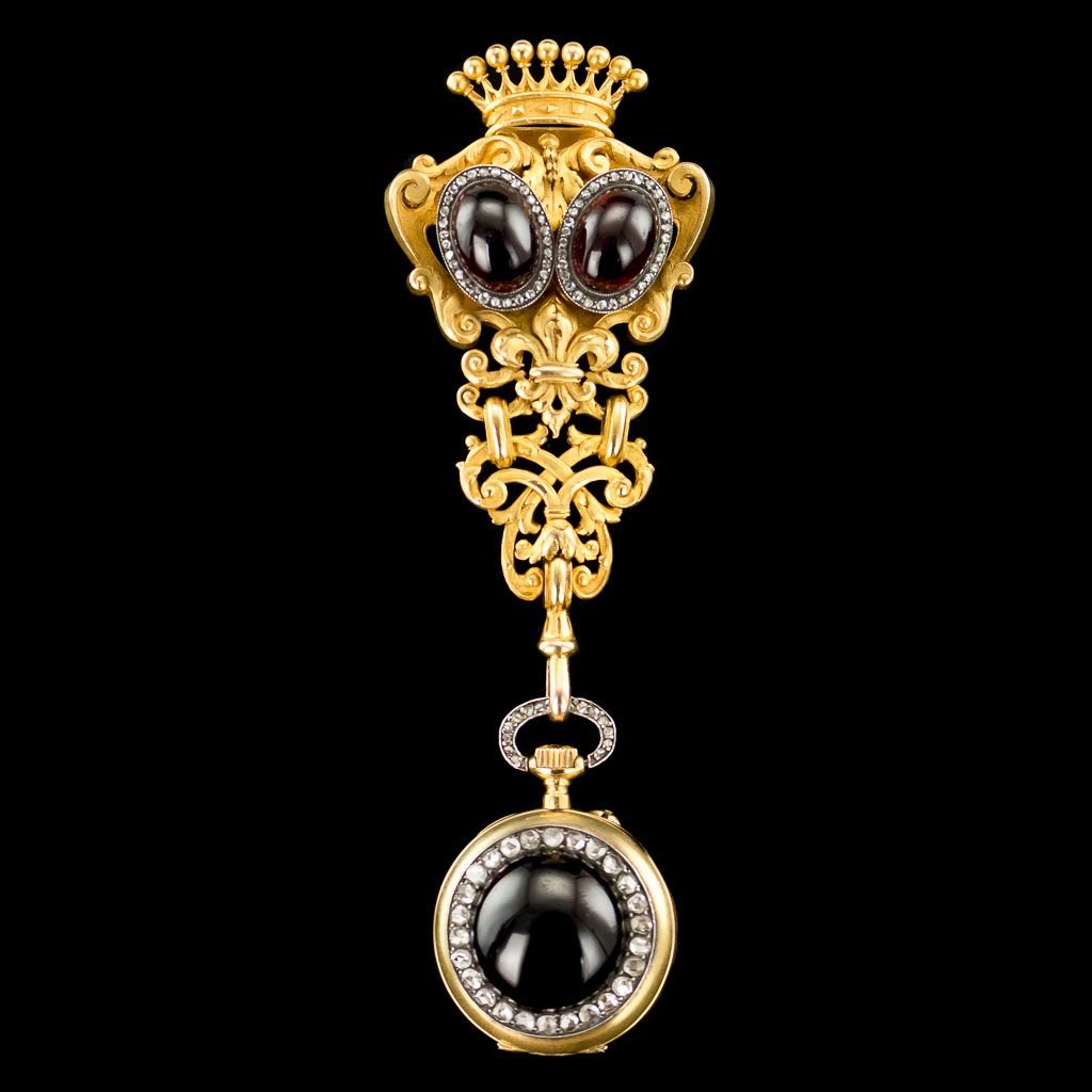 Montre Chatelaine Antique En Or 18k Diamant Grenat Suisse 1870s En Vente Sur Pamono