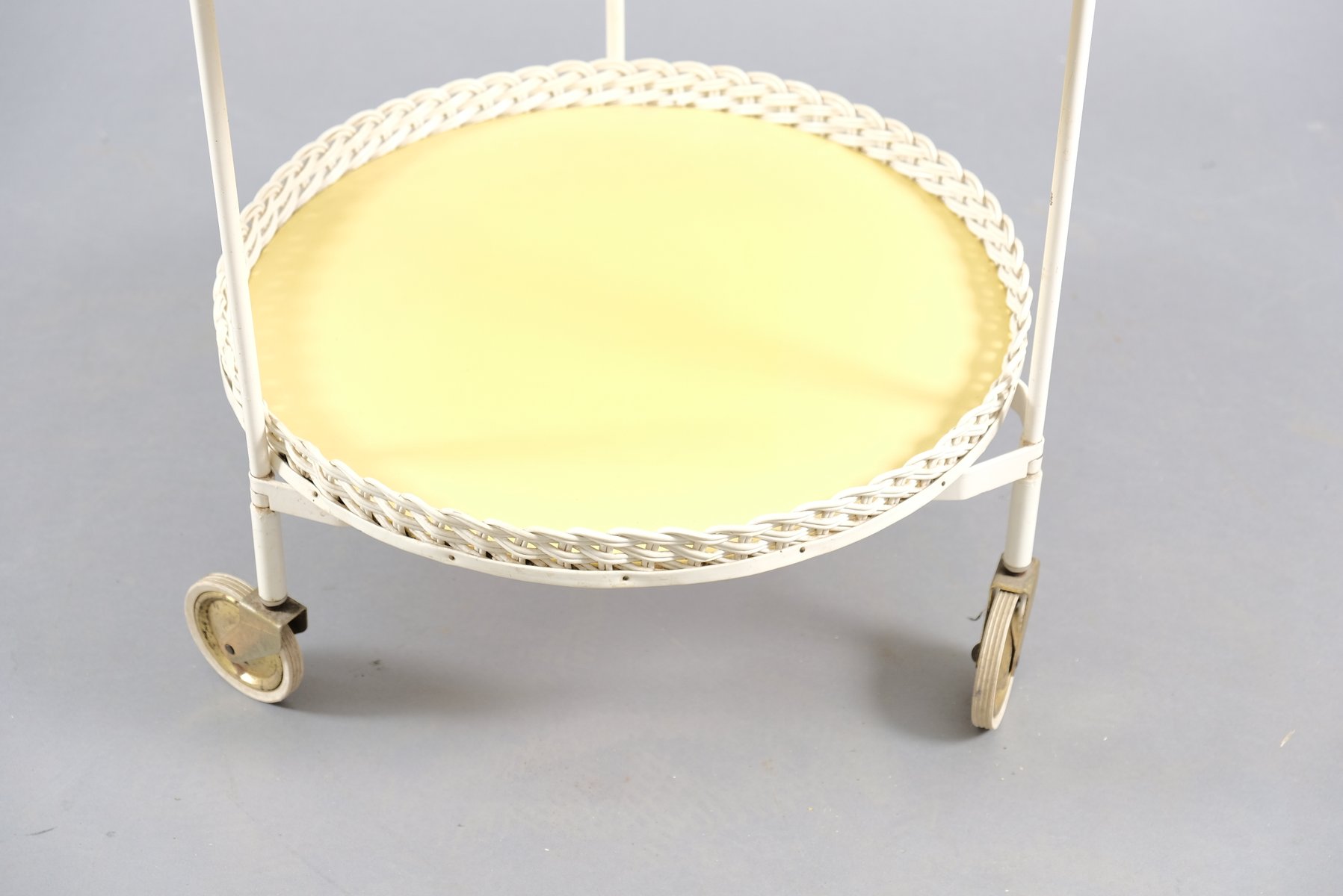 Vintage Folding Rattan & White Metal Tea Cart, 1960s for sale at Pamono