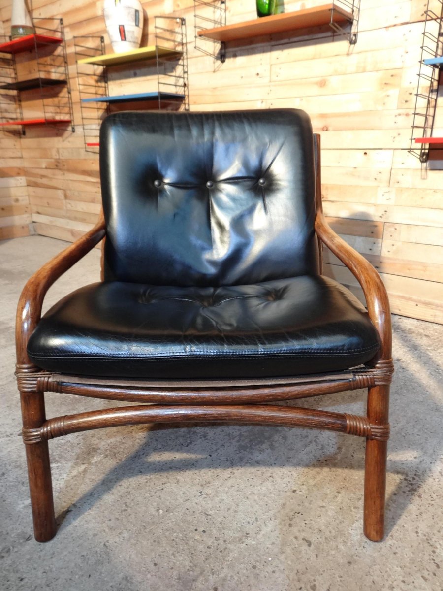 leather slingback chair on Vintage Black Leather And Bamboo Chair 1960s For Sale At Pamono