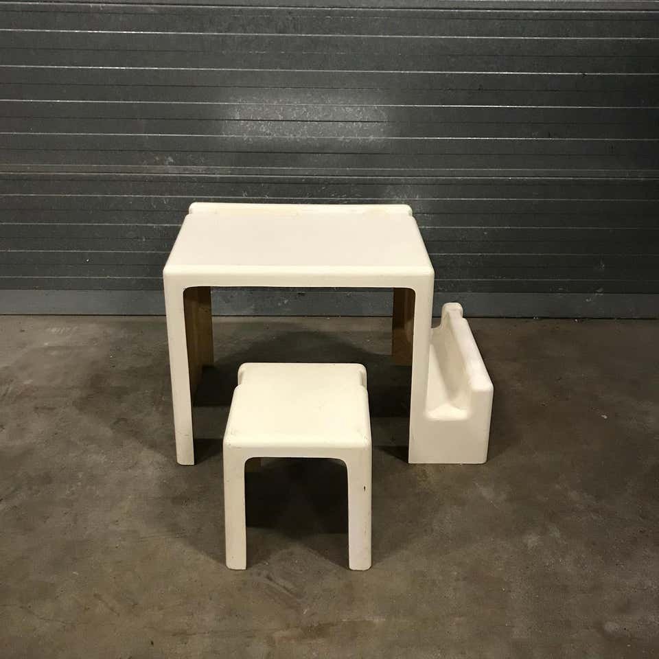 OffWhite Plastic Childrens Desk and Stool Set, 1970s for sale at Pamono