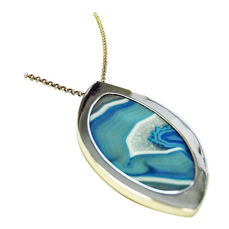 Large Blue polished agate pendant with chain