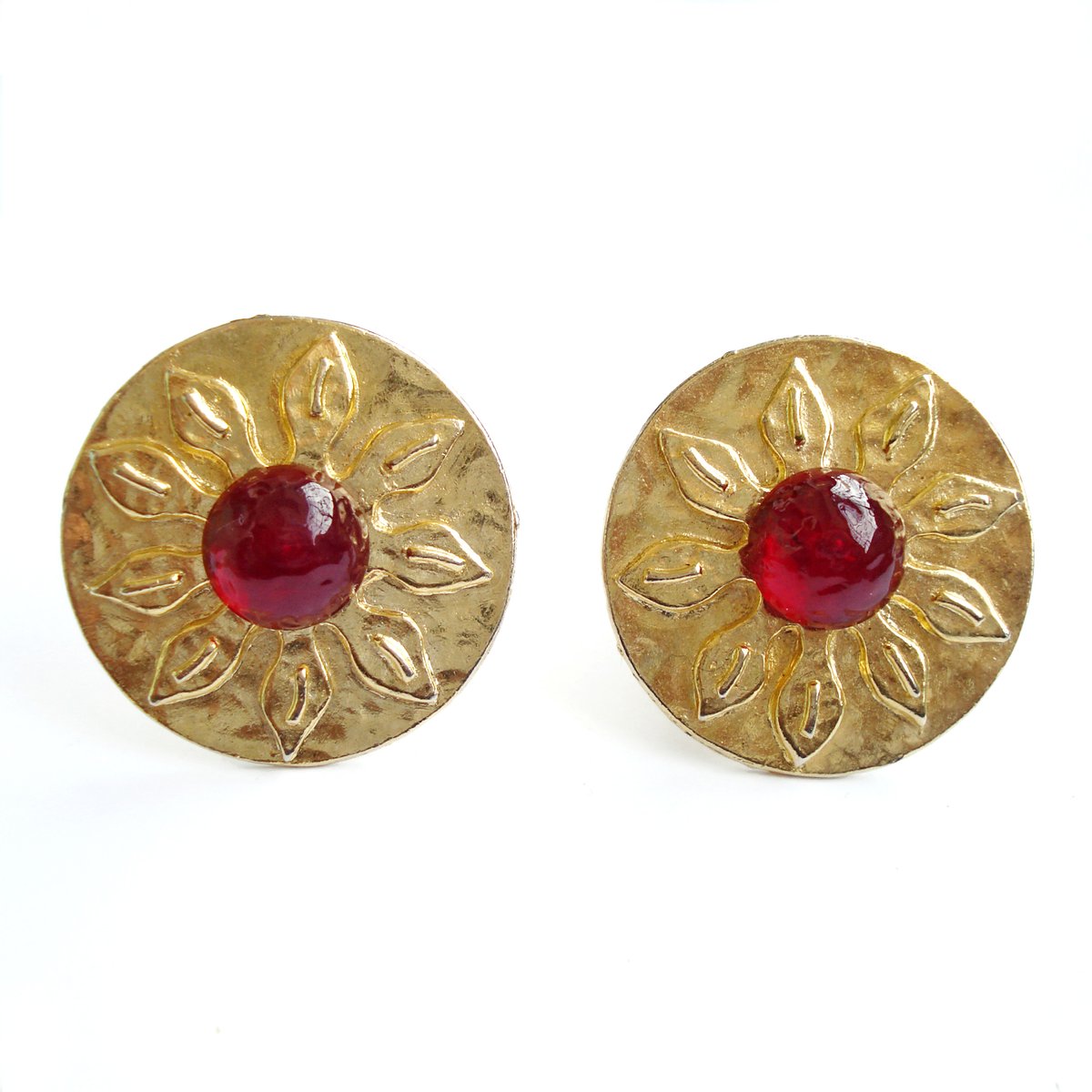 vintage sunflower earrings  gold red  clip-on earrings  cabochon earrings  floral flowers  vintage earrings  vintage jewelry