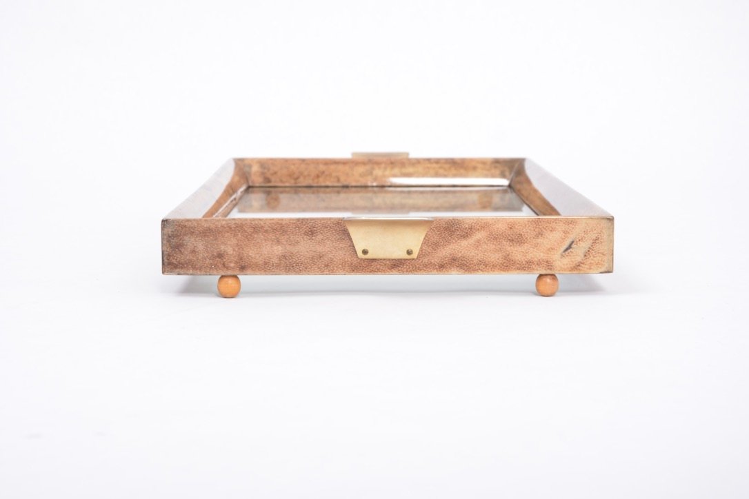 Braun Lackierter Mid-Century Ziegenleder und Messing Servierwagen von