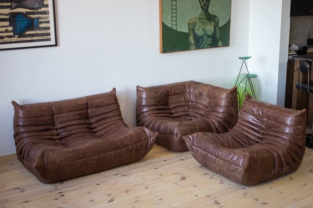 Dubai Brown Leather Togo Corner Armchair, Armchair, and 2Seater Sofa