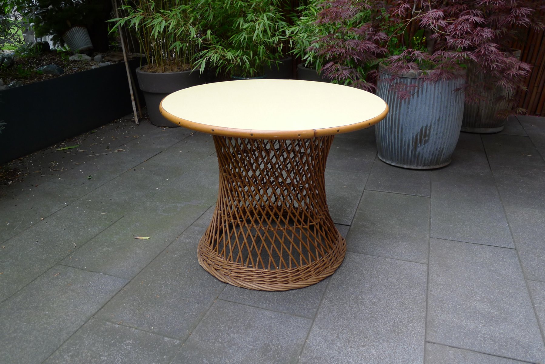 mid century round bamboo and wicker garden table with yellow top VRE-694158