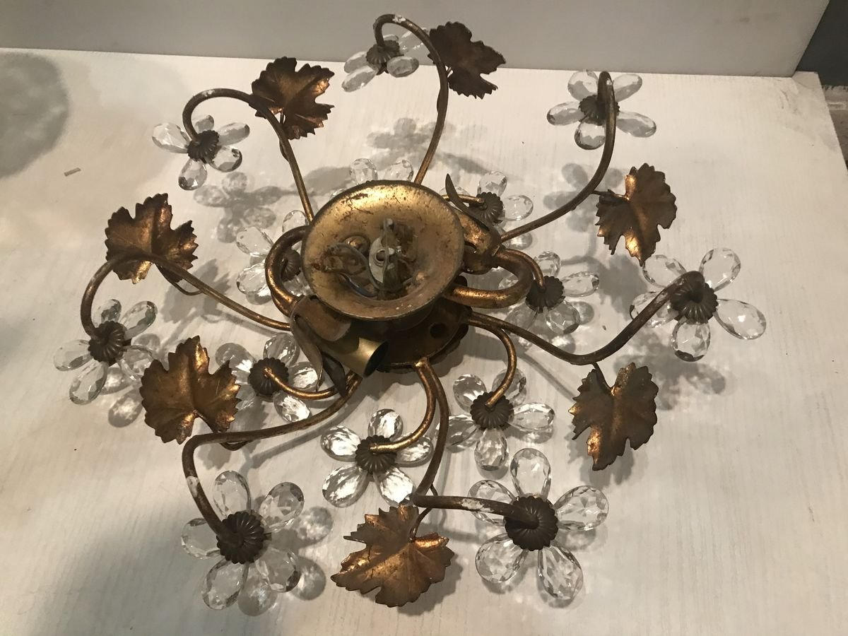 Vergoldete Vintage Kristallglas Blumen Deckenlampe, 1960er bei Pamono