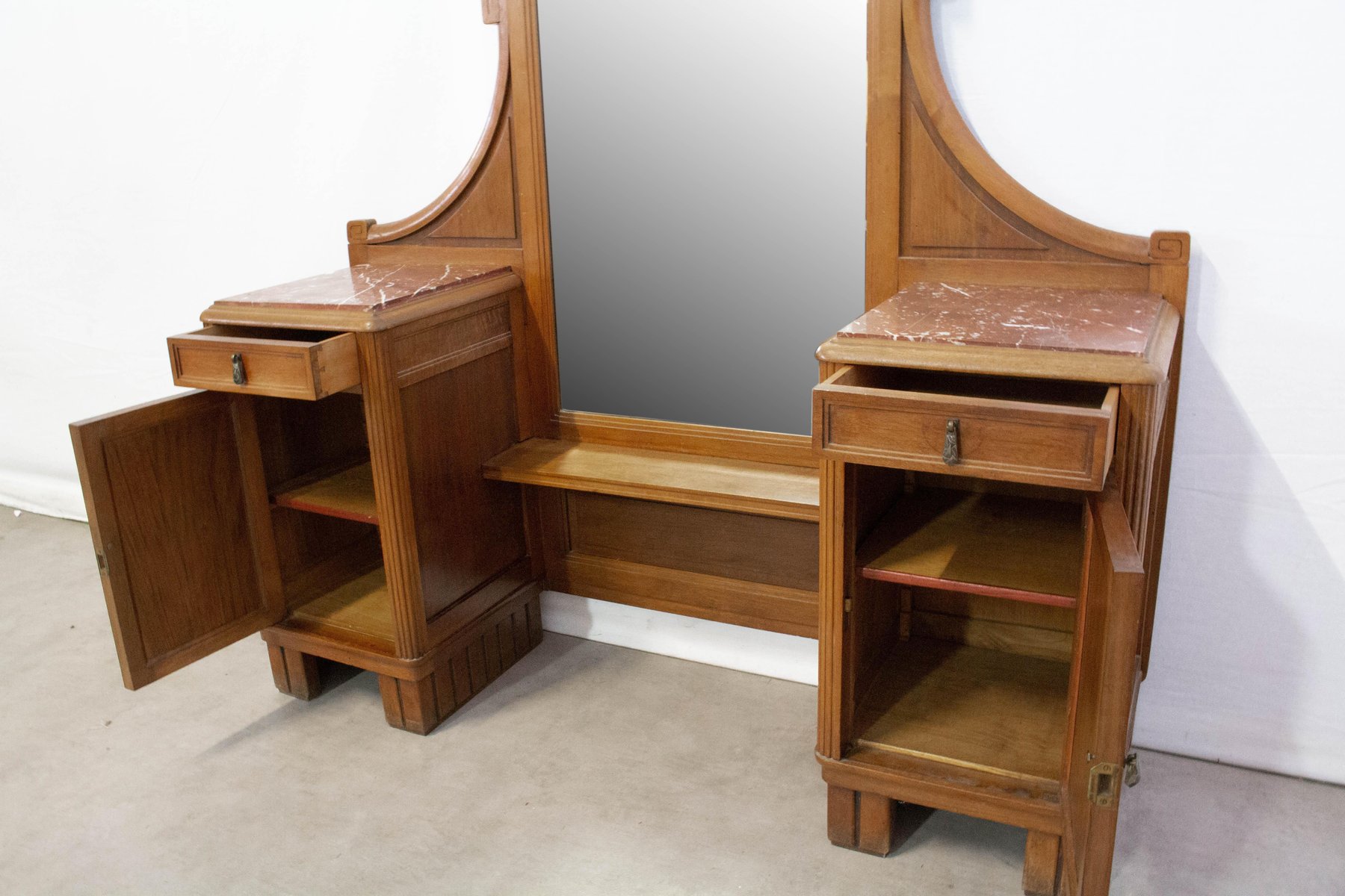 Coiffeuse Style Art Déco avec Plateau en Marbre Rouge & Miroir, 1950s