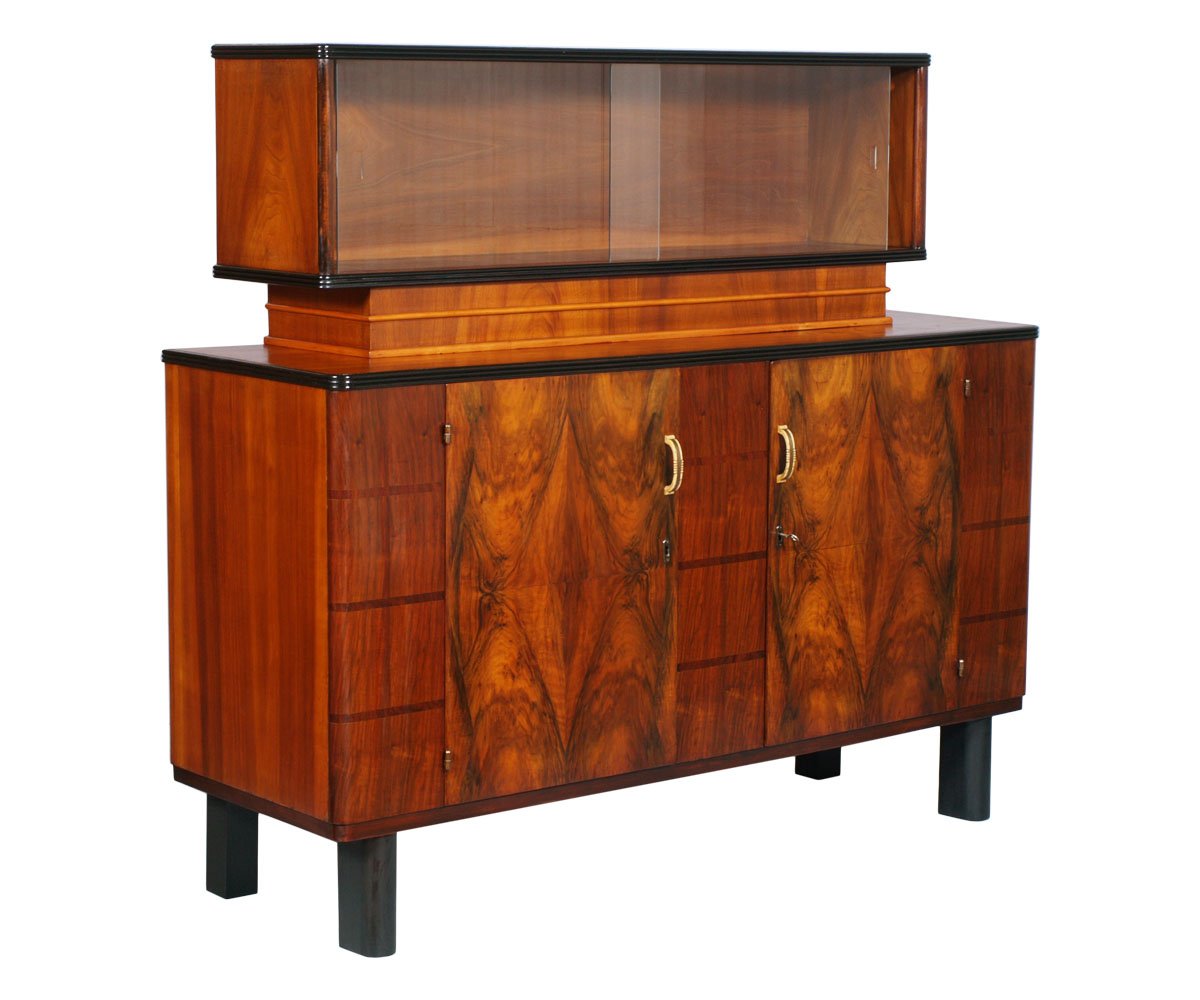 TRDST art deco italian burl walnut credenza with display