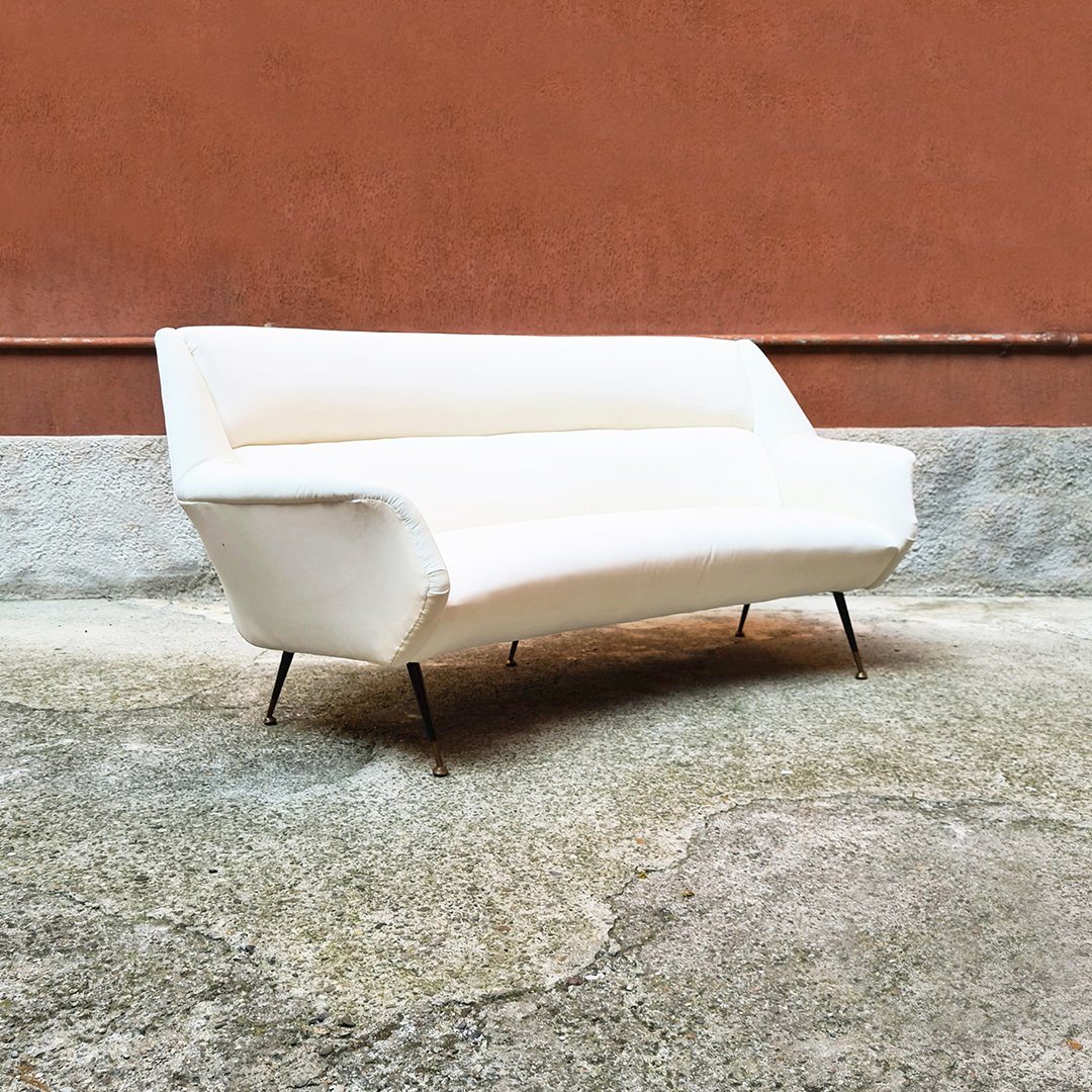 Italian White Velvet 3 Seater Curved Sofa With Metal Legs And Brass Tips 1950s For Sale At Pamono