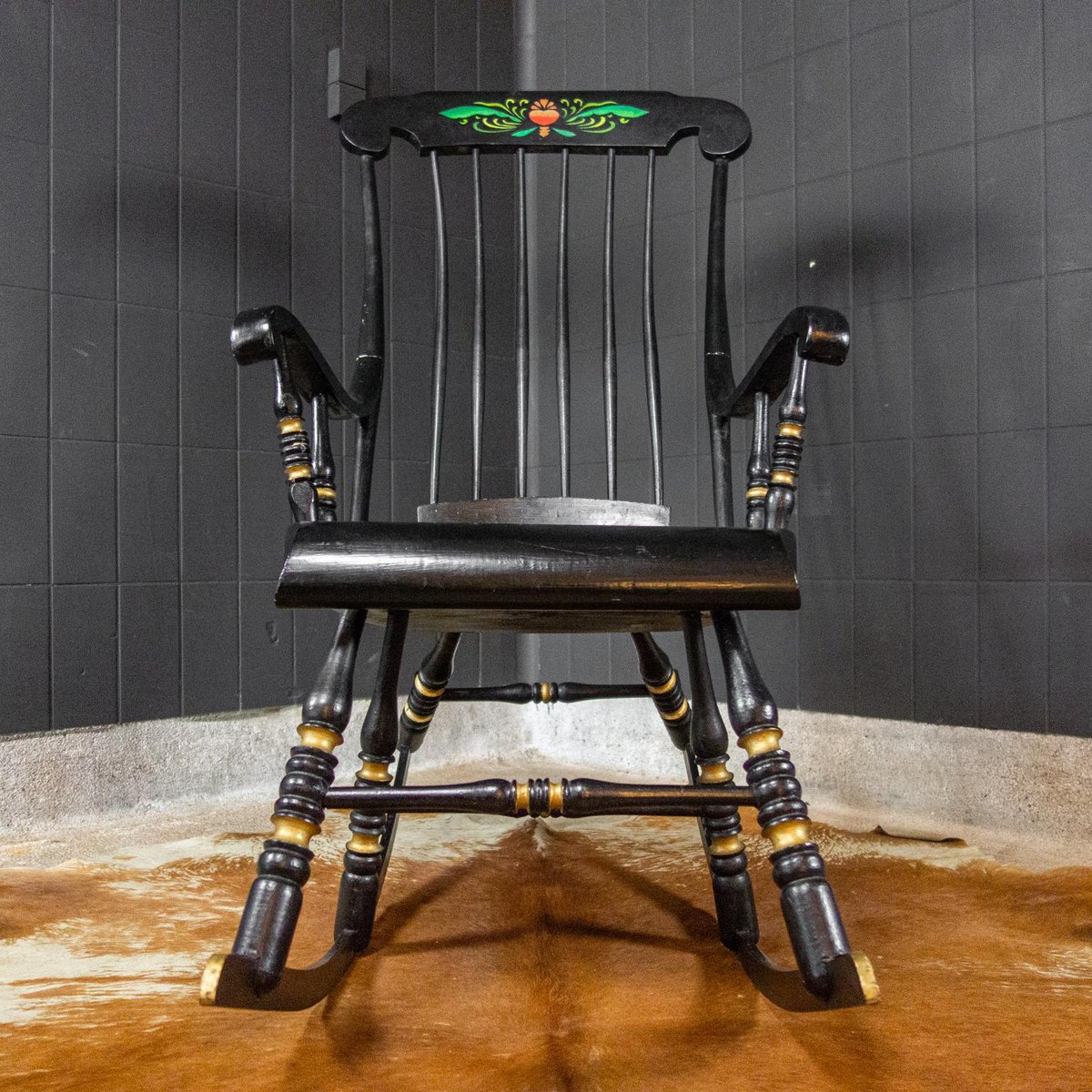 Antique Swedish Black HandPainted Rocking Chair, 1880s for sale at Pamono