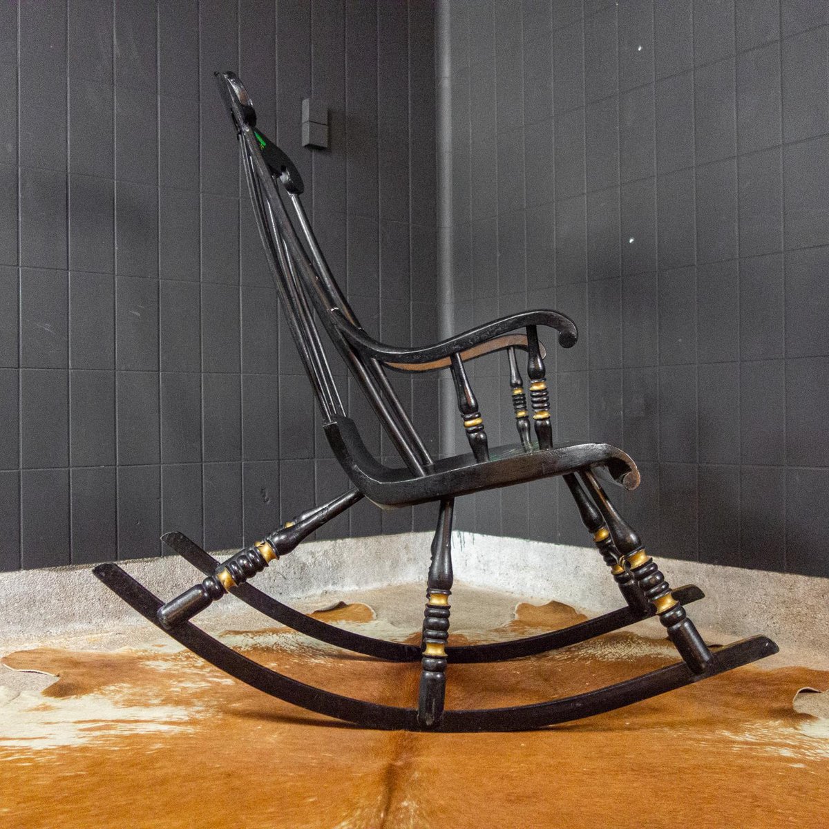 Antique Swedish Black HandPainted Rocking Chair, 1880s for sale at Pamono