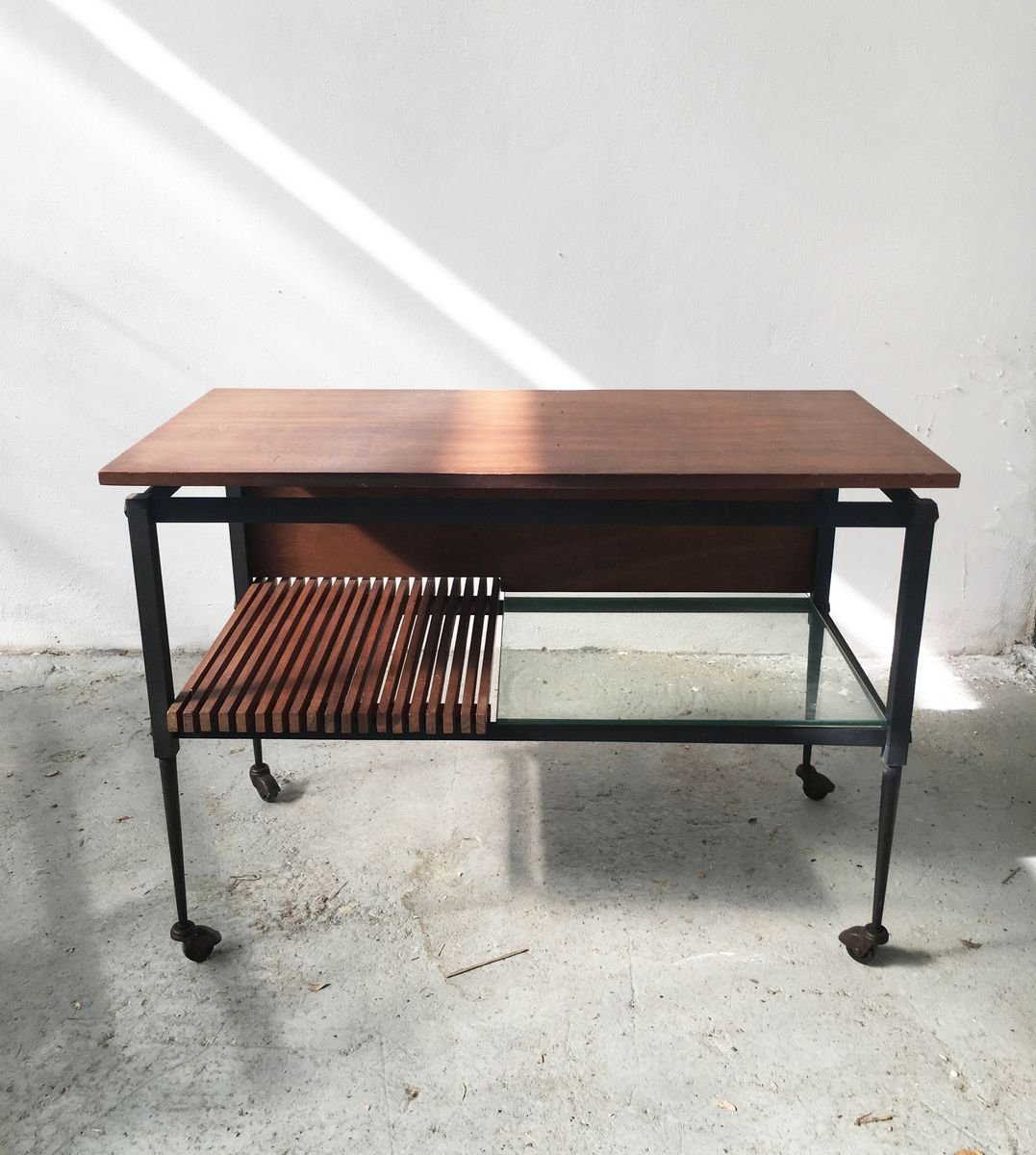 MidCentury Black Iron Coffee Table with Clear Glass and Wooden Shelves