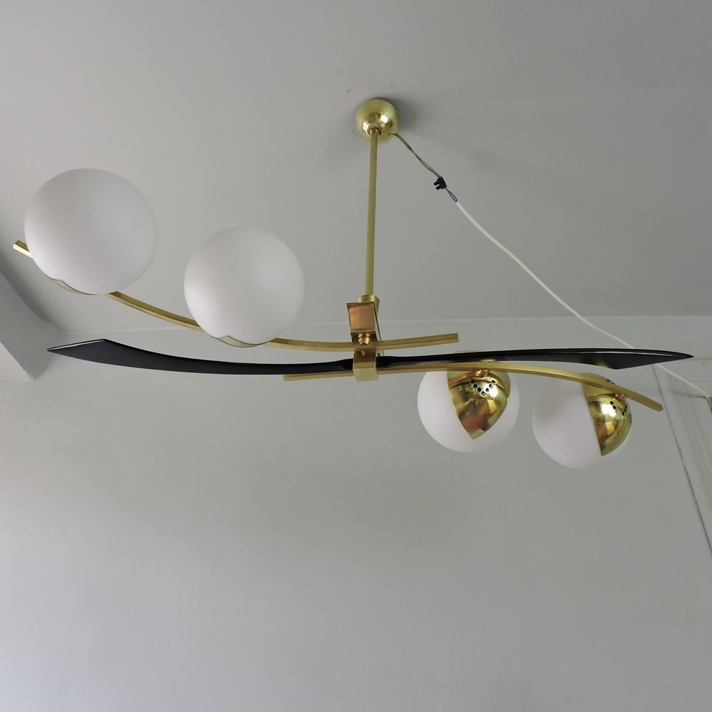 Chandelier authentic french vintage 19501960 Arlus Lunel white glass and brass.