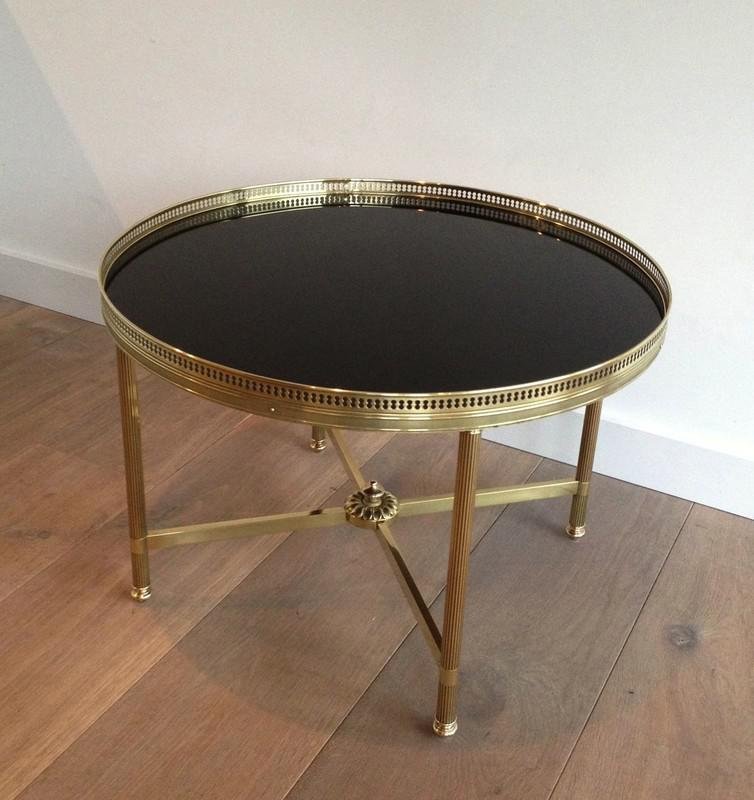 French Neoclassical Style Round Brass Coffee Table with Black Lacqued