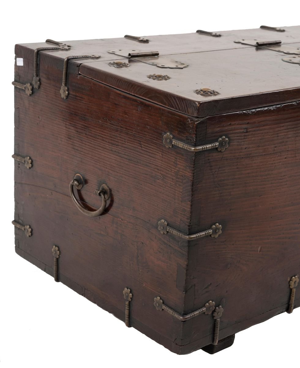 Vintage Chinese Wooden Chest with Decorations and Bronze Lock for sale at Pamono